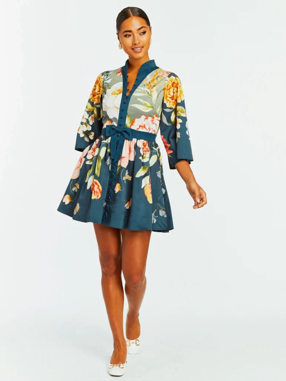 MESTIZA Floral V-Neck Tie-Waist Mini Dress in Teal